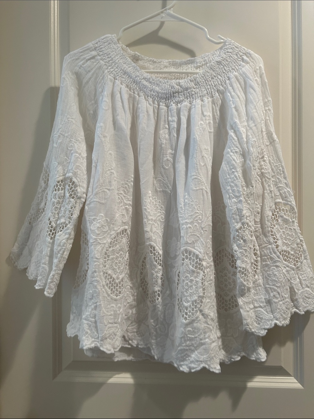Belle France Gauzy White Embroidered On/Off-Shoulder Peasant Boho Tunic Italy M